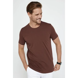 Erkek Slim Fit Dar Kesim Pamuklu Yumuşak Dokulu Esnek Kumaş Düz Basic Kahverengi Bisiklet Yaka Tişör