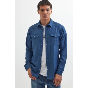 Slim Fit Uzun Kollu Spor Yaka Yıkamalı Çift Cepli Armürlü Denim Kot Indigo Erkek Gömlek