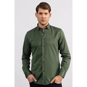 Erkek Slim Fit Dar Kesim Uzun Kollu Pamuklu Oxford Doku Kolay Ütülenebilir Yeşil Düğmeli Yaka Gömlek