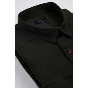 Erkek Big Size Büyük Beden Uzun Kollu Denim Kot Yıkamalı Çift Cepli Armürlü Haki Gömlek