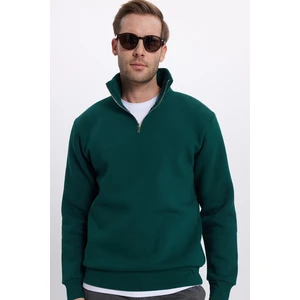 Unisex Relax Fit Rahat Kesim Pamuklu İçi Polarlı Yarım Fermuarlı Haki Dik Yaka Sweatshirt