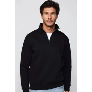 Unisex Relax Fit Rahat Kesim Pamuklu İçi Polarlı Yarım Fermuarlı Siyah Dik Yaka Sweatshirt