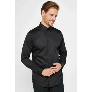 Slım Fıt Uzun Kollu %100 Koton Saten Premium Erkek Siyah Gömlek