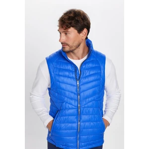 Erkek Standart Fit Dik Yaka Cepli Fermuarlı Saks Mavi Şişme Yelek