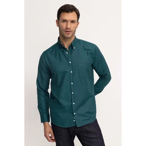 Erkek Regular Fit Klasik Kesim Oxford Doku Yaka Düğmeli Cepli Nakışlı Yeşil Gömlek