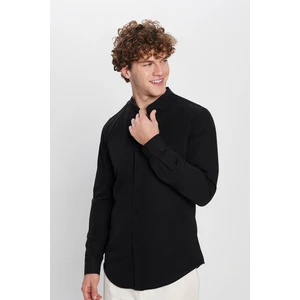 Erkek Slim Fit Dar Kesim Pamuklu Kolay Ütü Siyah Hakim Yaka Gömlek