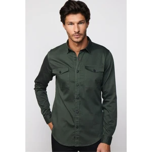 Slım Fit Uzun Kollu Düz Denim Kot Cepli Gabardin Erkek Haki Gömlek