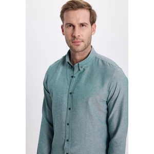 Erkek Slim Fit Dar Kesim Uzun Kollu Pamuklu Oxford Doku Kolay Ütü Yeşil Düğmeli Yaka Gömlek