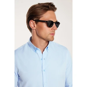 Erkek Slim Fit Dar Kesim Uzun Kollu Pamuklu Oxford Doku Kolay Ütü Mavi Düğmeli Yaka Gömlek