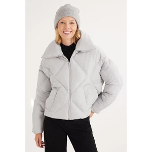 Kadın Oversize Geniş Kesim Şişme Dik Yaka Gri Mont