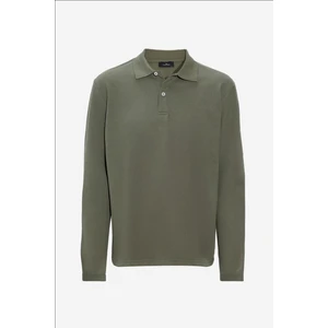 Erkek Standart Fit Rahat Kesim Pamuklu Yumuşak Dokulu Düz Pike Uzun Kollu Haki Polo Yaka Tişört