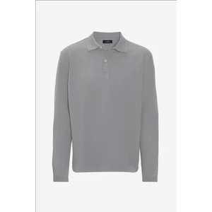 Erkek Standart Fit Rahat Kesim Pamuklu Yumuşak Dokulu Düz Pike Uzun Kollu Gri Polo Yaka Tişört