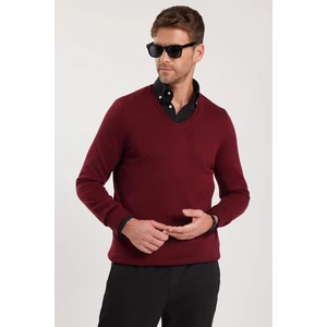 Erkek Standart Fit Normal Kesim V Yaka Pamuklu Bordo Triko Kazak