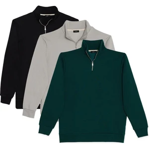 Unisex 3'lü Paket Siyah-Taş-Haki Relax Fit Pamuklu Yarım Fermuarlı Dik Yaka Sweatshirt