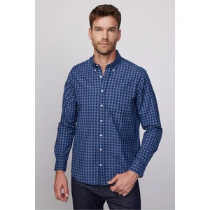 Erkek Regular Fit Klasik Kesim Düğmeli Yaka Küçük Kareli Pamuklu Lacivert Gömlek