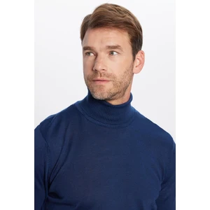 Erkek Slim Fit Dar Kesim Tam Balıkçı Yaka Düz Yün Lacivert Triko Kazak
