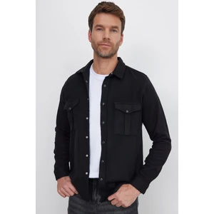 Slim Fit Uzun Kollu Kışlık Oduncu Çift Cep Kapaklı Düz Erkek Siyah Gömlek