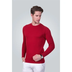 Erkek Standart Fit Normal Kesim Bisiklet Yaka Petek Desenli Kırmızı Triko Kazak