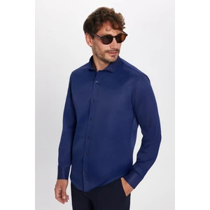 Modern Slim Fit Uzun Kollu Düz Saten Pamuklu Erkek Lacivert Gömlek