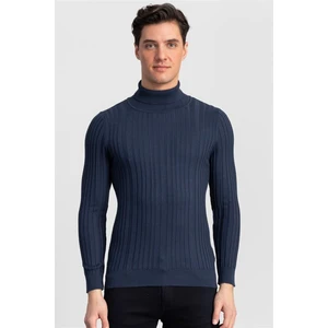 Erkek Slim Fit Tam Balıkçı Yaka Indigo Triko Kazak
