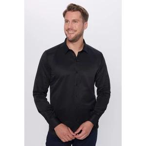 Erkek Modern Fit Dar Kesim Pamuklu Kolay Ütü Armürlü Siyah Gömlek