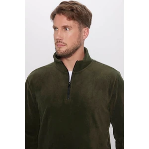 Unisex Standart Fit Rahat Kesim Tüylenme Yapmayan Soğuk Geçirmez Koyu Haki Dik Yaka Polar Sweatshirt