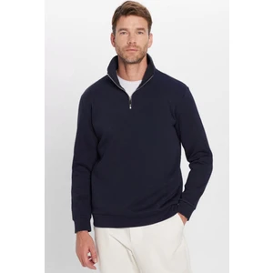 Unisex Relax Fit Rahat Kesim Pamuklu İçi Polarlı Yarım Fermuarlı Lacivert Dik Yaka Sweatshirt