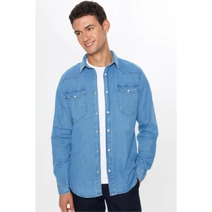 Erkek Slim Fit Dar Kesim Uzun Kollu Çift Cepli Kapaklı Parça Dikişli Mavi Denim Kot Gömlek