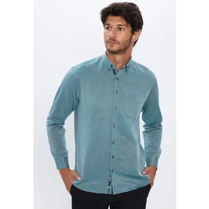 Erkek Regular Fit Klasik Kesim Pamuklu Oxford Doku Tek Cepli Yeşil Düğmeli Yaka Gömlek