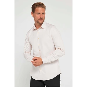 Slim Fit Uzun Kollu Kolay Ütü Teri Emen Nefes Alan Doku Kravatlık Dört Mevsim Taş Renk Erkek Gömlek