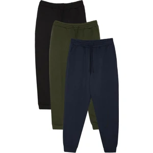 Erkek 3'lü Paket Siyah-Lacivert-Haki Regular Fit Beli Bağcıklı Jogger Cepli Lastikli Paça Eşofman Al
