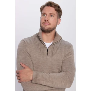 Erkek Slim Fit Dar Kesim Armürlü Fermuarlı Kahve Dik Yaka Triko Kazak