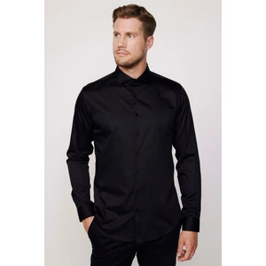 Slim Fit Uzun Kollu Koton Saten Premium Seri Erkek Siyah Gömlek