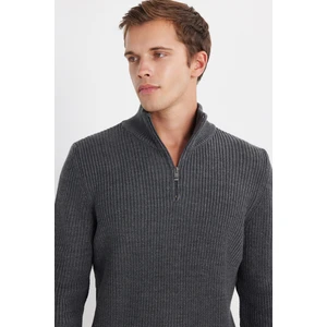 Erkek Slim Fit Dar Kesim Fermuarlı Gri Dik Yaka Triko Kazak