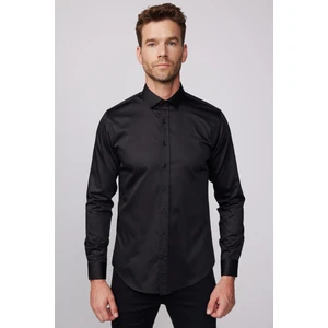 Slim Fit Uzun Kollu Pamuk Saten Erkek Siyah Gömlek