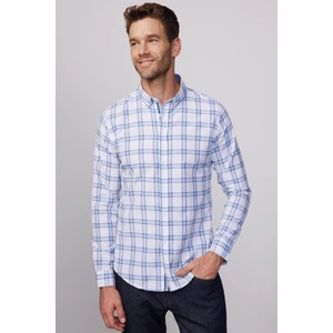 Erkek Slim Fit Dar Kesim Uzun Kollu Pamuklu Kolay Ütü Kareli Düğmeli Yaka Gömlek