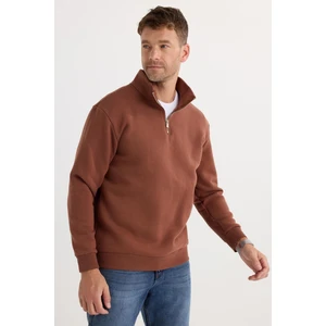 Unisex Relax Fit Rahat Kesim Pamuklu İçi Polarlı Yarım Fermuarlı Kahverengi Dik Yaka Sweatshirt