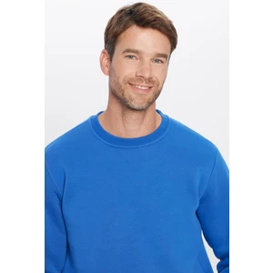 Unisex Relax Fit Rahat Kesim Pamuklu Yumuşak Dokulu Polarlı Basic Saks Mavi Bisiklet Yaka Sweatshirt