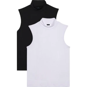 Kadın 2'li Paket Siyah-Beyaz Regular Fit Klasik Kesim Viskon Kumaş Balıkçı Yaka Sıfır Kol Bluz