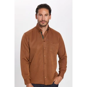 Erkek Regular Fit Klasik Kesim Düğmeli Yaka Pamuklu Kolay Ütü Oxford Düz Kahverengi Gömlek