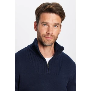 Erkek Slim Fit Dar Kesim Armürlü Fermuarlı Lacivert Dik Yaka Kazak