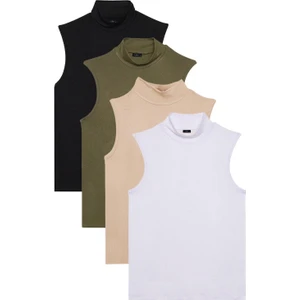 Kadın 4'lü Paket Siyah-Haki-Bej-Beyaz Regular Fit Kesim Viskon Kumaş Balıkçı Yaka Sıfır Kol Bluz