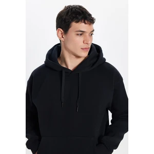 Unisex Oversize Geniş Kesim Pamuklu Yumuşak Dokulu Içi Polarlı Basic Siyah Kapüşonlu Sweatshirt