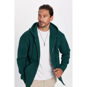 Unisex Relax Fit Rahat Kesim Pamuklu İçi Polarlı Çift Cepli Fermuarlı Yeşil Kapüşonlu Sweatshirt