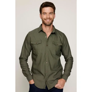 Slim Fit Uzun Kollu Spor Yaka Yıkamalı Çift Cepli Armürlü Denim Yeşil Erkek Gömlek