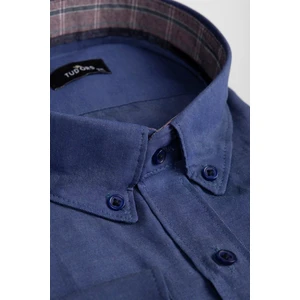 Erkek Big Size Büyük Beden Uzun Kollu Pamuklu Oxford Doku Tek Cepli Indigo Düğmeli Yaka Gömlek
