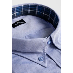 Erkek Big Size Büyük Beden Uzun Kollu Pamuklu Oxford Doku Tek Cepli Sax Mavi Düğmeli Yaka Gömlek