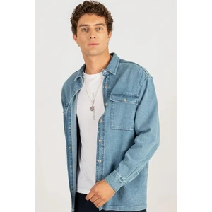 Unisex Oversize Geniş Kesim Denim Kot Çift Cepli Mavi Overshirt Ceket Tarzı Gömlek