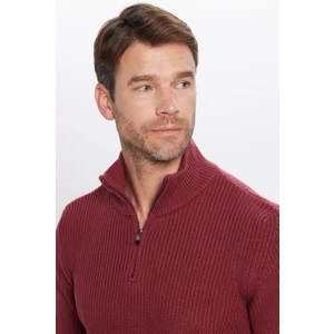 Erkek Slim Fit Dar Kesim Fermuarlı Bordo Dik Yaka Triko Kazak