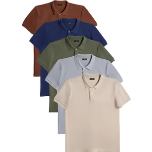 Erkek 5'li Paket Lacivert-Haki-Toprak-Bej-Gri Slim Fit Dar Kesim Pamuklu Düz Pike Polo Yaka Tişört